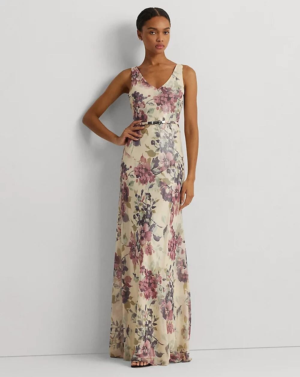 Lauren Ralph Lauren Floral Metallic Chiffon Sleeveless Gown Size 12 4013